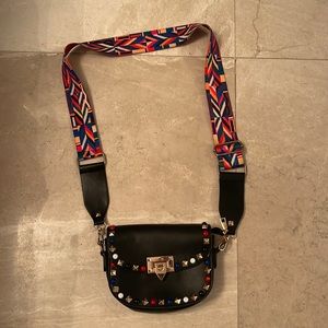 Colorful vegan leather bag with studs and fabric strap
